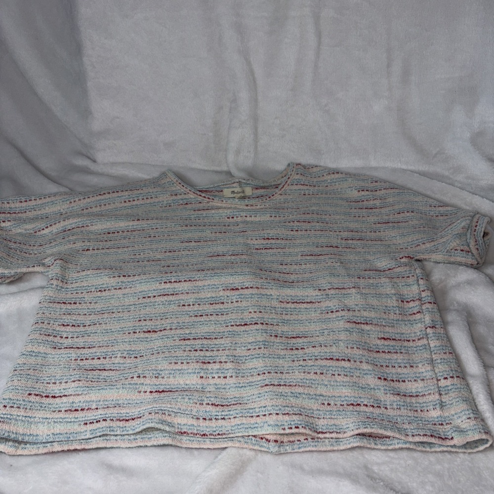Madewell Textured Puff Sleeve Knit Top Boxy Striped Multicolor Pastel Med EUC
